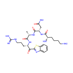 C[C@H](NC(=O)[C@H](CC(N)=O)NC(=O)[C@@H](N)CCCCN)C(=O)N[C@@H](CCCNC(=N)N)C(=O)c1nc2ccccc2s1 ZINC000299840927