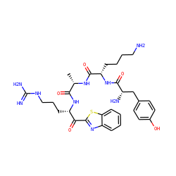 C[C@H](NC(=O)[C@H](CCCCN)NC(=O)[C@@H](N)Cc1ccc(O)cc1)C(=O)N[C@@H](CCCNC(=N)N)C(=O)c1nc2ccccc2s1 ZINC000299841171