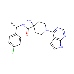 C[C@H](NC(=O)C1(N)CCN(c2ncnc3[nH]ccc23)CC1)c1ccc(Cl)cc1 ZINC000095581144