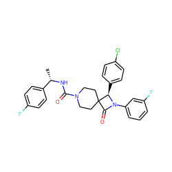 C[C@H](NC(=O)N1CCC2(CC1)C(=O)N(c1cccc(F)c1)[C@@H]2c1ccc(Cl)cc1)c1ccc(F)cc1 ZINC000058603830