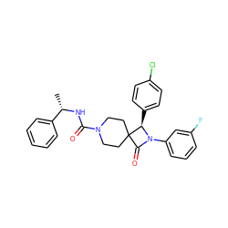 C[C@H](NC(=O)N1CCC2(CC1)C(=O)N(c1cccc(F)c1)[C@@H]2c1ccc(Cl)cc1)c1ccccc1 ZINC000058582475