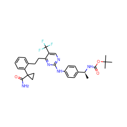 C[C@H](NC(=O)OC(C)(C)C)c1ccc(Nc2ncc(C(F)(F)F)c(CCc3ccccc3C3(C(N)=O)CC3)n2)cc1 ZINC000211057170