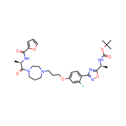 C[C@H](NC(=O)OC(C)(C)C)c1nc(-c2ccc(OCCCN3CCCN(C(=O)[C@@H](C)NC(=O)c4ccco4)CC3)cc2F)no1 ZINC000027732976