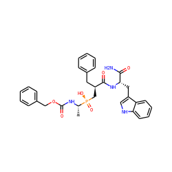 C[C@H](NC(=O)OCc1ccccc1)[P@](=O)(O)C[C@@H](Cc1ccccc1)C(=O)N[C@@H](Cc1c[nH]c2ccccc12)C(N)=O ZINC000026578926