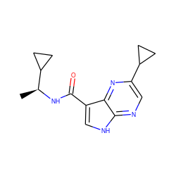 C[C@H](NC(=O)c1c[nH]c2ncc(C3CC3)nc12)C1CC1 ZINC000095584770