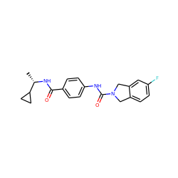 C[C@H](NC(=O)c1ccc(NC(=O)N2Cc3ccc(F)cc3C2)cc1)C1CC1 ZINC000167573953