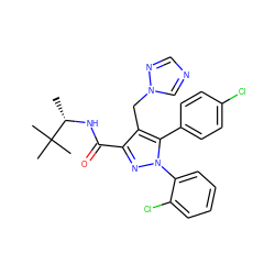 C[C@H](NC(=O)c1nn(-c2ccccc2Cl)c(-c2ccc(Cl)cc2)c1Cn1cncn1)C(C)(C)C ZINC000045364709