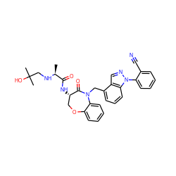 C[C@H](NCC(C)(C)O)C(=O)N[C@H]1COc2ccccc2N(Cc2cccc3c2cnn3-c2ccccc2C#N)C1=O ZINC000220140116