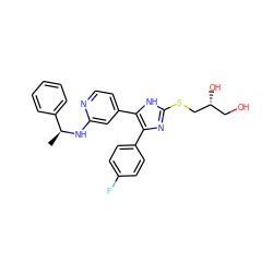 C[C@H](Nc1cc(-c2[nH]c(SC[C@H](O)CO)nc2-c2ccc(F)cc2)ccn1)c1ccccc1 ZINC000040872636