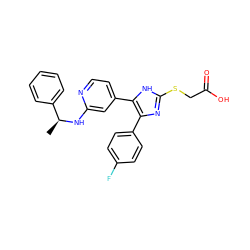 C[C@H](Nc1cc(-c2[nH]c(SCC(=O)O)nc2-c2ccc(F)cc2)ccn1)c1ccccc1 ZINC000042891246