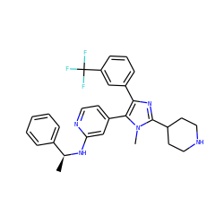 C[C@H](Nc1cc(-c2c(-c3cccc(C(F)(F)F)c3)nc(C3CCNCC3)n2C)ccn1)c1ccccc1 ZINC000021289782