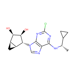 C[C@H](Nc1nc(Cl)nc2c1ncn2[C@H]1[C@H](O)[C@H](O)[C@@H]2C[C@@H]21)C1CC1 ZINC000084615356