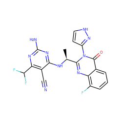 C[C@H](Nc1nc(N)nc(C(F)F)c1C#N)c1nc2c(F)cccc2c(=O)n1-c1cc[nH]n1 ZINC001772622624