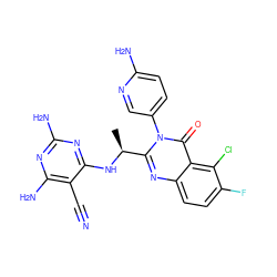 C[C@H](Nc1nc(N)nc(N)c1C#N)c1nc2ccc(F)c(Cl)c2c(=O)n1-c1ccc(N)nc1 ZINC000220877737