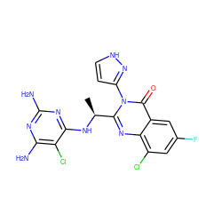 C[C@H](Nc1nc(N)nc(N)c1Cl)c1nc2c(Cl)cc(F)cc2c(=O)n1-c1cc[nH]n1 ZINC001772622693