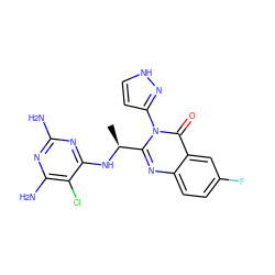 C[C@H](Nc1nc(N)nc(N)c1Cl)c1nc2ccc(F)cc2c(=O)n1-c1cc[nH]n1 ZINC001772598614