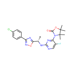 C[C@H](Nc1ncc(F)c(N2C(=O)OC(C)(C)C2(C)C)n1)c1nc(-c2ccc(Cl)cc2)no1 ZINC000142102771