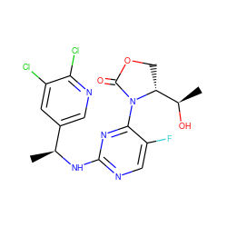 C[C@H](Nc1ncc(F)c(N2C(=O)OC[C@@H]2[C@@H](C)O)n1)c1cnc(Cl)c(Cl)c1 ZINC000221677709