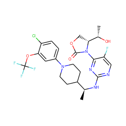 C[C@H](Nc1ncc(F)c(N2C(=O)OC[C@@H]2[C@H](C)O)n1)C1CCN(c2ccc(Cl)c(OC(F)(F)F)c2)CC1 ZINC000226102459