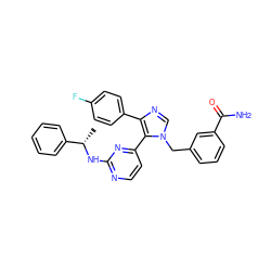 C[C@H](Nc1nccc(-c2c(-c3ccc(F)cc3)ncn2Cc2cccc(C(N)=O)c2)n1)c1ccccc1 ZINC000040934314