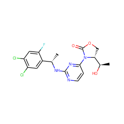 C[C@H](Nc1nccc(N2C(=O)OC[C@@H]2[C@@H](C)O)n1)c1cc(Cl)c(Cl)cc1F ZINC000221679292