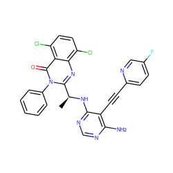 C[C@H](Nc1ncnc(N)c1C#Cc1ccc(F)cn1)c1nc2c(Cl)ccc(Cl)c2c(=O)n1-c1ccccc1 ZINC000209589959