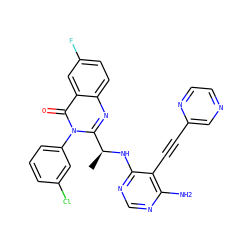 C[C@H](Nc1ncnc(N)c1C#Cc1cnccn1)c1nc2ccc(F)cc2c(=O)n1-c1cccc(Cl)c1 ZINC000219125710