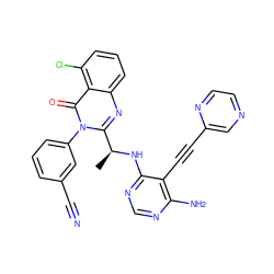 C[C@H](Nc1ncnc(N)c1C#Cc1cnccn1)c1nc2cccc(Cl)c2c(=O)n1-c1cccc(C#N)c1 ZINC000219090002