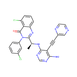 C[C@H](Nc1ncnc(N)c1C#Cc1cnccn1)c1nc2cccc(Cl)c2c(=O)n1-c1cccc(Cl)c1 ZINC000219069933