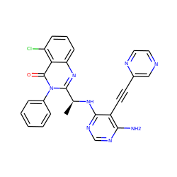 C[C@H](Nc1ncnc(N)c1C#Cc1cnccn1)c1nc2cccc(Cl)c2c(=O)n1-c1ccccc1 ZINC000209597041