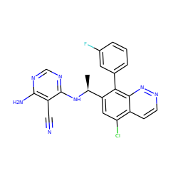 C[C@H](Nc1ncnc(N)c1C#N)c1cc(Cl)c2ccnnc2c1-c1cccc(F)c1 ZINC000202244590