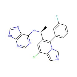 C[C@H](Nc1ncnc2[nH]cnc12)c1cc(Cl)c2cncn2c1-c1cccc(F)c1 ZINC000095564440