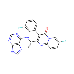 C[C@H](Nc1ncnc2[nH]cnc12)c1nc2ccc(F)cn2c(=O)c1-c1cccc(F)c1 ZINC000114789942