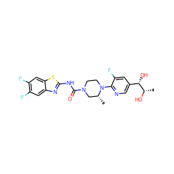 C[C@H](O)[C@@H](O)c1cnc(N2CCN(C(=O)Nc3nc4cc(F)c(F)cc4s3)C[C@H]2C)c(F)c1 ZINC000206128454