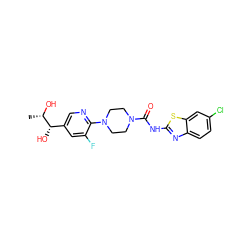 C[C@H](O)[C@@H](O)c1cnc(N2CCN(C(=O)Nc3nc4ccc(Cl)cc4s3)CC2)c(F)c1 ZINC001772634357