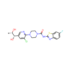 C[C@H](O)[C@@H](O)c1cnc(N2CCN(C(=O)Nc3nc4ccc(F)cc4s3)CC2)c(Cl)c1 ZINC000206128285