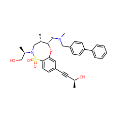 C[C@H](O)C#Cc1ccc2c(c1)O[C@@H](CN(C)Cc1ccc(-c3ccccc3)cc1)[C@@H](C)CN([C@H](C)CO)S2(=O)=O ZINC000095598941