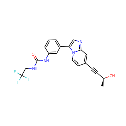 C[C@H](O)C#Cc1ccn2c(-c3cccc(NC(=O)NCC(F)(F)F)c3)cnc2c1 ZINC000139511280