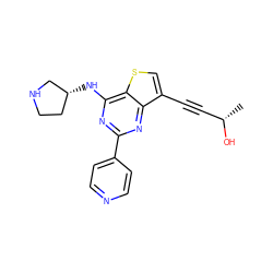 C[C@H](O)C#Cc1csc2c(N[C@@H]3CCNC3)nc(-c3ccncc3)nc12 ZINC000223672187