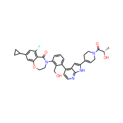 C[C@H](O)C(=O)N1CC=C(c2cc3c(-c4cccc(N5CCOc6cc(C7CC7)cc(F)c6C5=O)c4CO)ccnc3[nH]2)CC1 ZINC000205728465