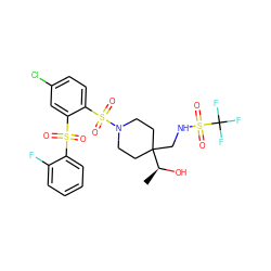 C[C@H](O)C1(CNS(=O)(=O)C(F)(F)F)CCN(S(=O)(=O)c2ccc(Cl)cc2S(=O)(=O)c2ccccc2F)CC1 ZINC000049756324