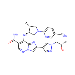 C[C@H](O)Cn1cc(-c2cn3ncc(C(N)=O)c(N[C@H]4CN(c5ccc(C#N)cn5)C[C@H]4C)c3n2)cn1 ZINC001772603157