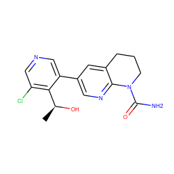 C[C@H](O)c1c(Cl)cncc1-c1cnc2c(c1)CCCN2C(N)=O ZINC000221403213