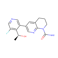 C[C@H](O)c1c(F)cncc1-c1cnc2c(c1)CCCN2C(N)=O ZINC000221451331