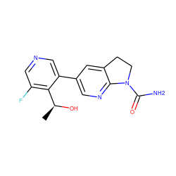 C[C@H](O)c1c(F)cncc1-c1cnc2c(c1)CCN2C(N)=O ZINC001772586851