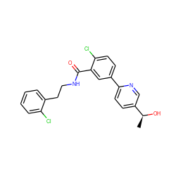 C[C@H](O)c1ccc(-c2ccc(Cl)c(C(=O)NCCc3ccccc3Cl)c2)nc1 ZINC000072179578