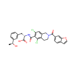 C[C@H](O)c1cccc(C[C@H](NC(=O)c2c(Cl)cc3c(c2Cl)CCN(C(=O)c2ccc4ccoc4c2)C3)C(=O)O)c1 ZINC000084669815