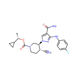 C[C@H](OC(=O)N1CC[C@@H](C#N)[C@H](n2cc(C(N)=O)c(Nc3ccc(F)cc3)n2)C1)C1CC1 ZINC000220712502