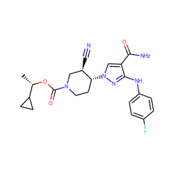 C[C@H](OC(=O)N1CC[C@@H](n2cc(C(N)=O)c(Nc3ccc(F)cc3)n2)[C@H](C#N)C1)C1CC1 ZINC000205064033