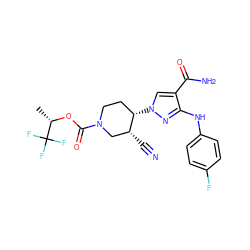 C[C@H](OC(=O)N1CC[C@H](n2cc(C(N)=O)c(Nc3ccc(F)cc3)n2)[C@H](C#N)C1)C(F)(F)F ZINC000220715495